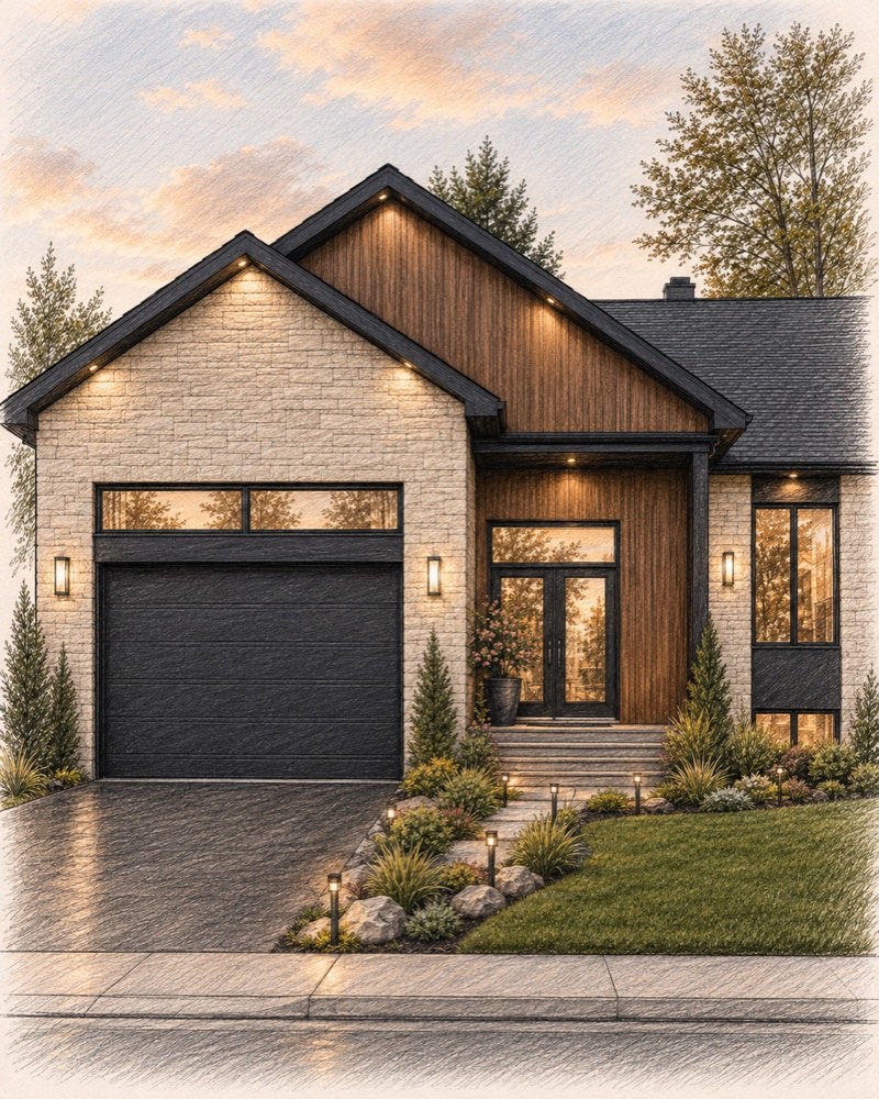 Modern home exterior at dusk